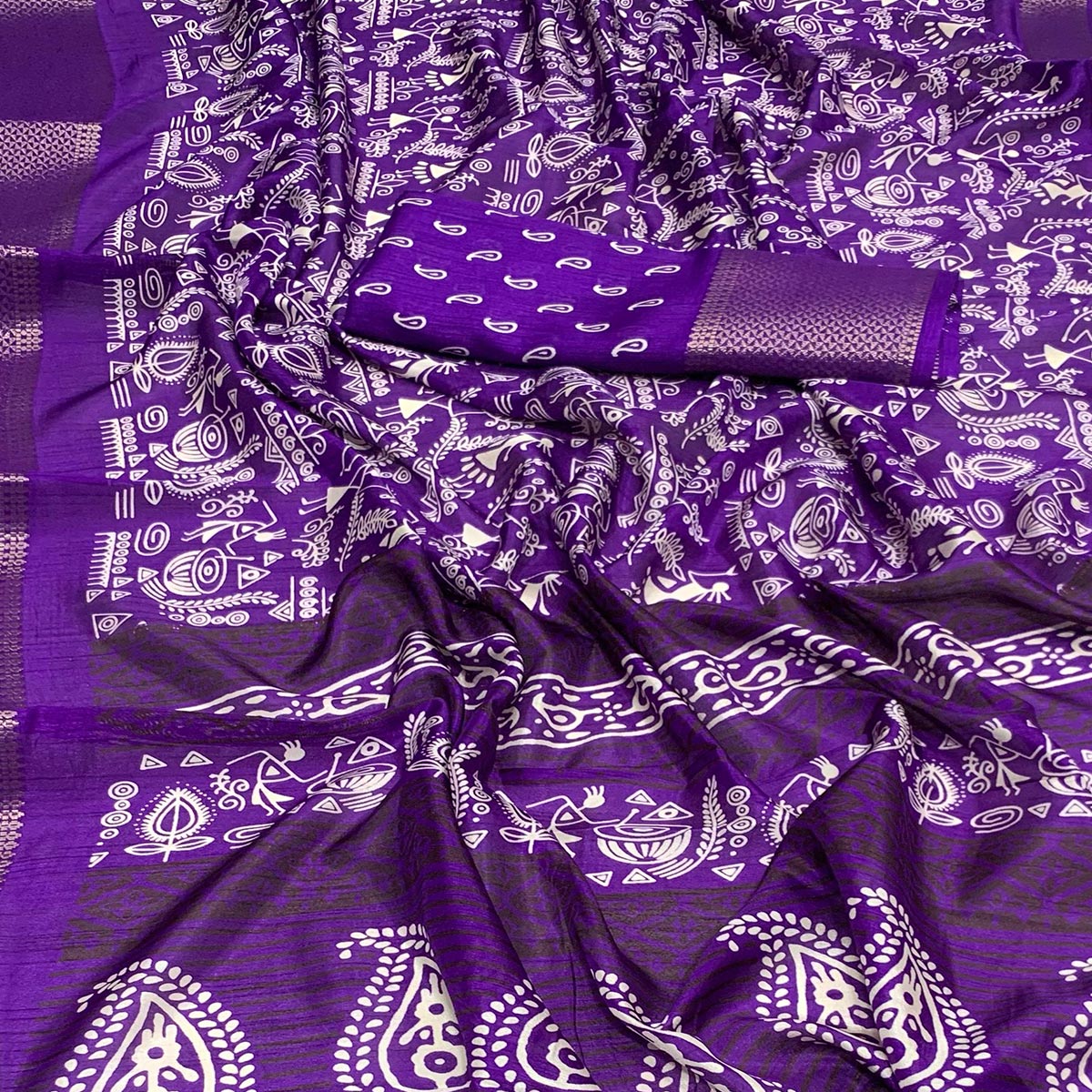 Violet Printed Dola Silk Saree With Jacquard Border