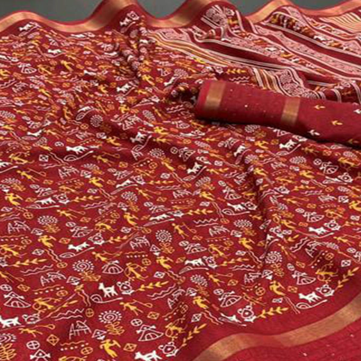 Maroon Warli Printed Georgette Saree