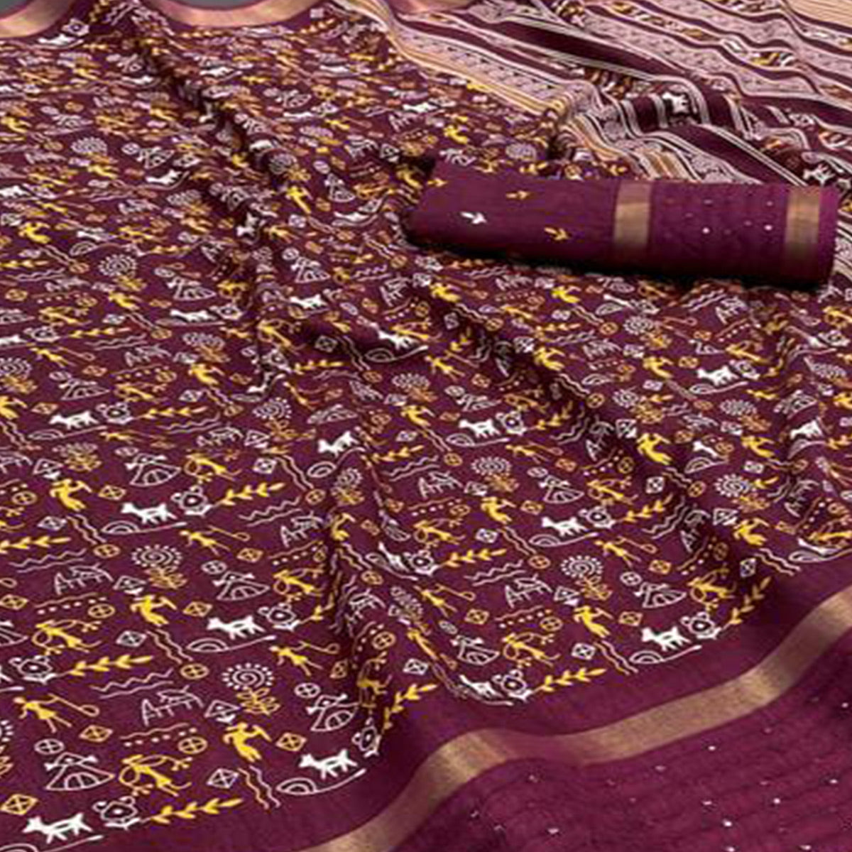 Wine Warli Printed Georgette Saree