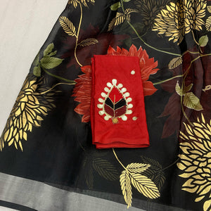 Black Floral Foil Printed Organza Saree