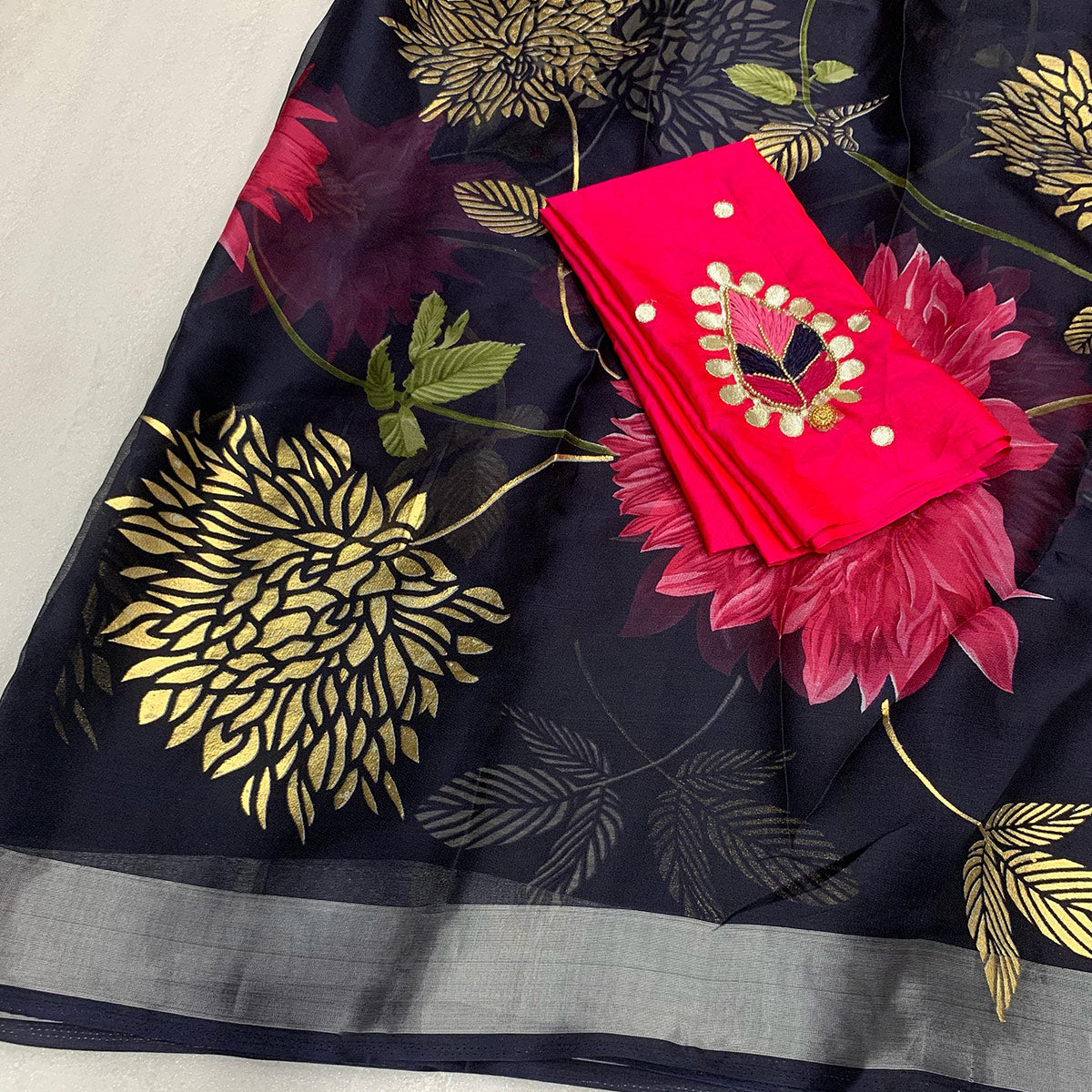 Navy Blue Floral Foil Printed Organza Saree