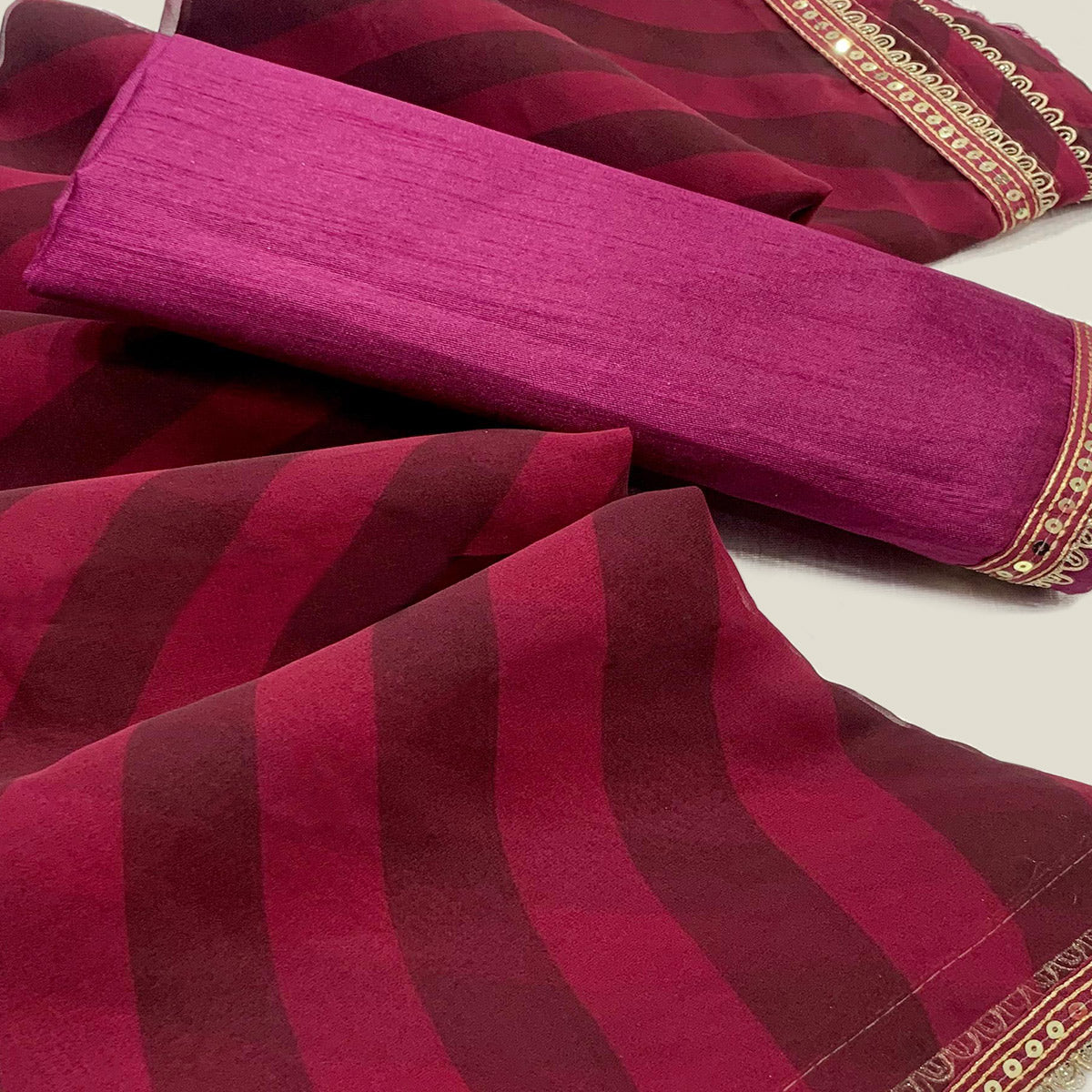 Pink Printed Georgette Saree With Lace Border