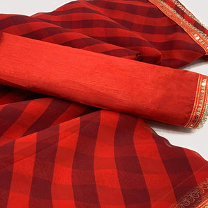 Red Printed Georgette Saree With Lace Border