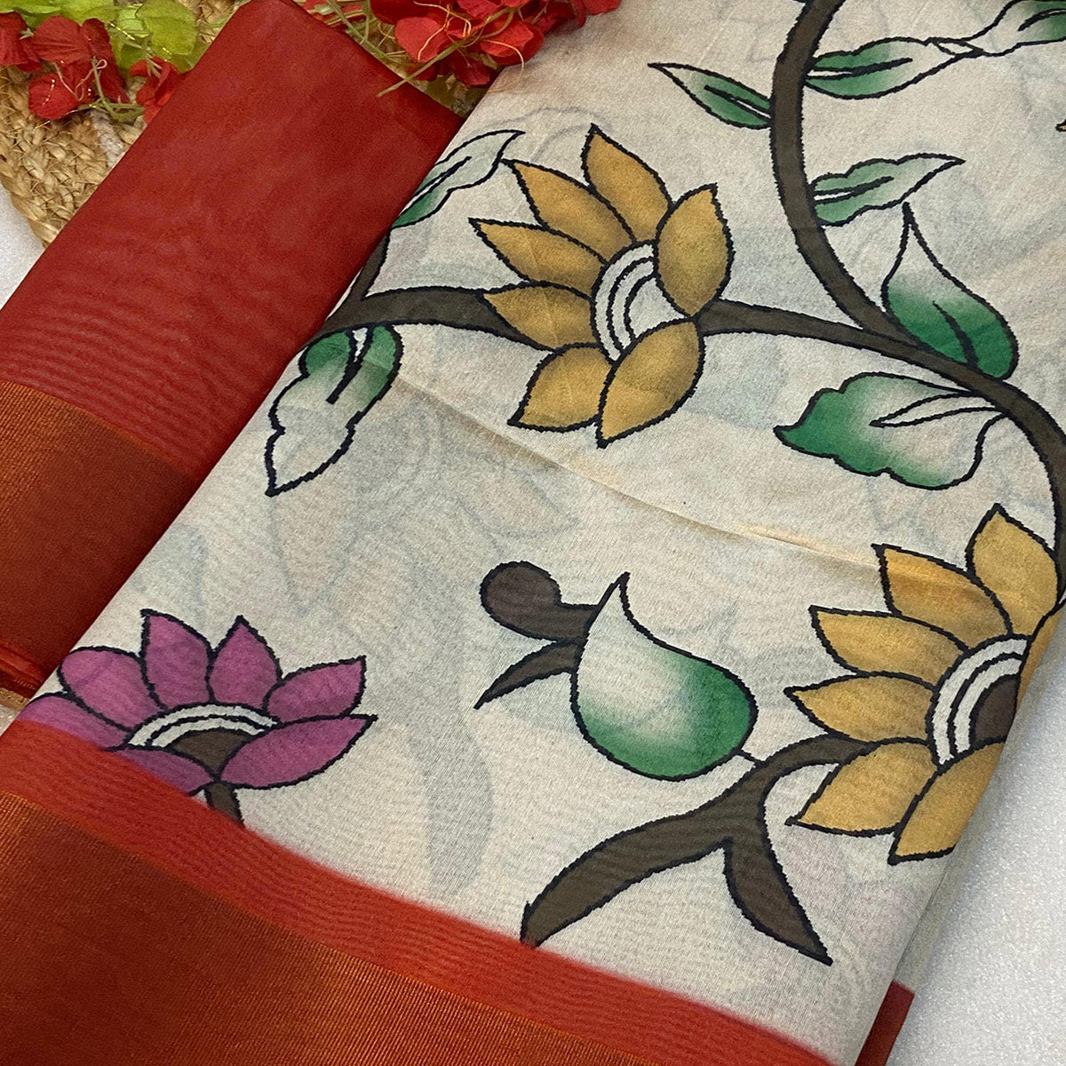 Off White Floral Printed Tussar Silk Saree