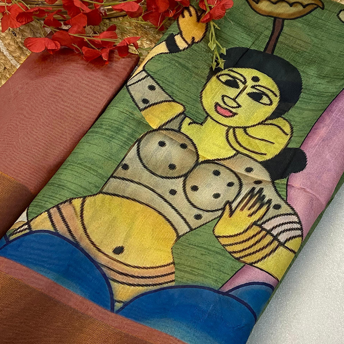 Green Floral Printed Tussar Silk Saree