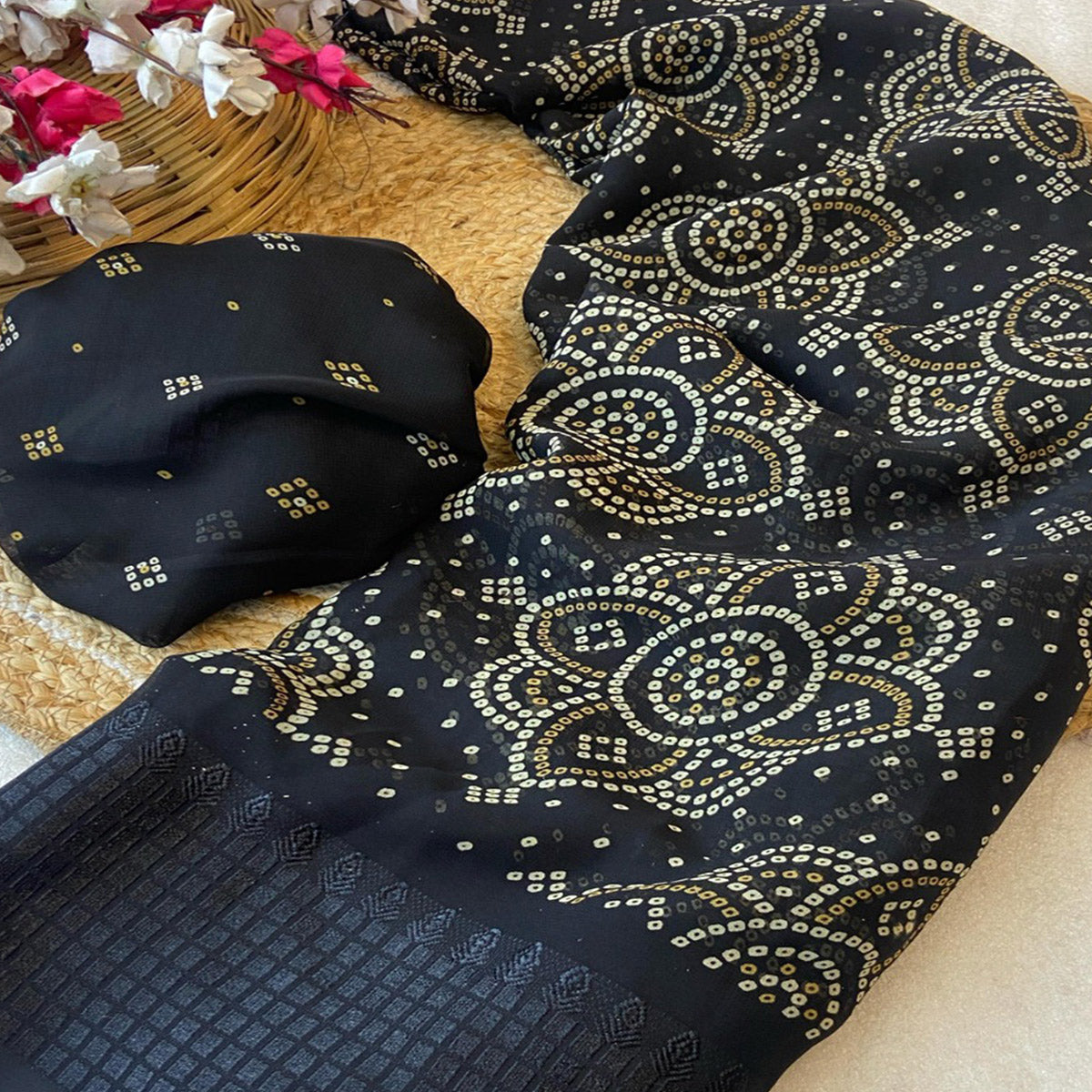 Black Bandhani Printed Georgette Saree With Viscose Border