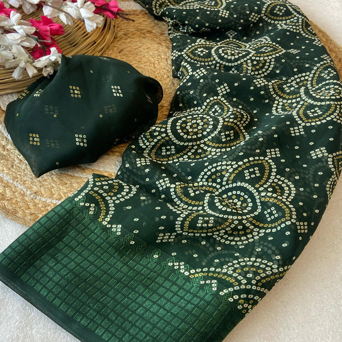 Green Bandhani Printed Georgette Saree With Viscose Border