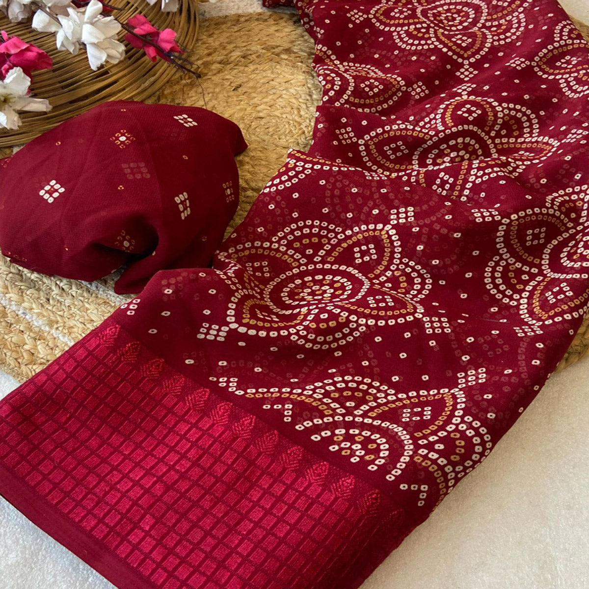 Maroon Bandhani Printed Georgette Saree With Viscose Border
