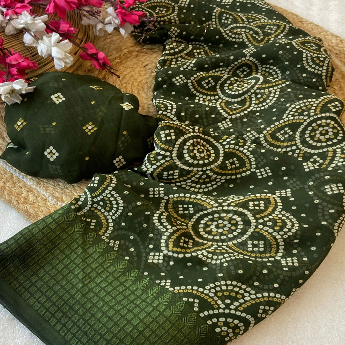 Mehendi Green Bandhani Printed Georgette Saree With Viscose Border