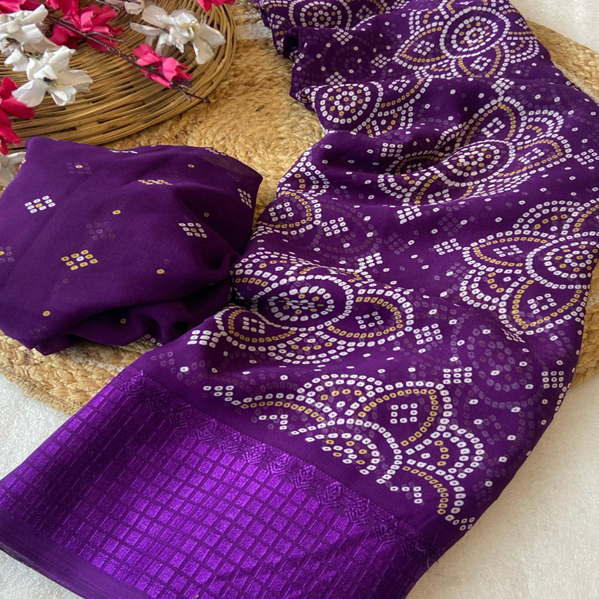 Purple Bandhani Printed Georgette Saree With Viscose Border