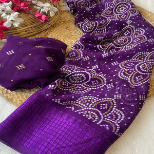 Purple Bandhani Printed Georgette Saree With Viscose Border