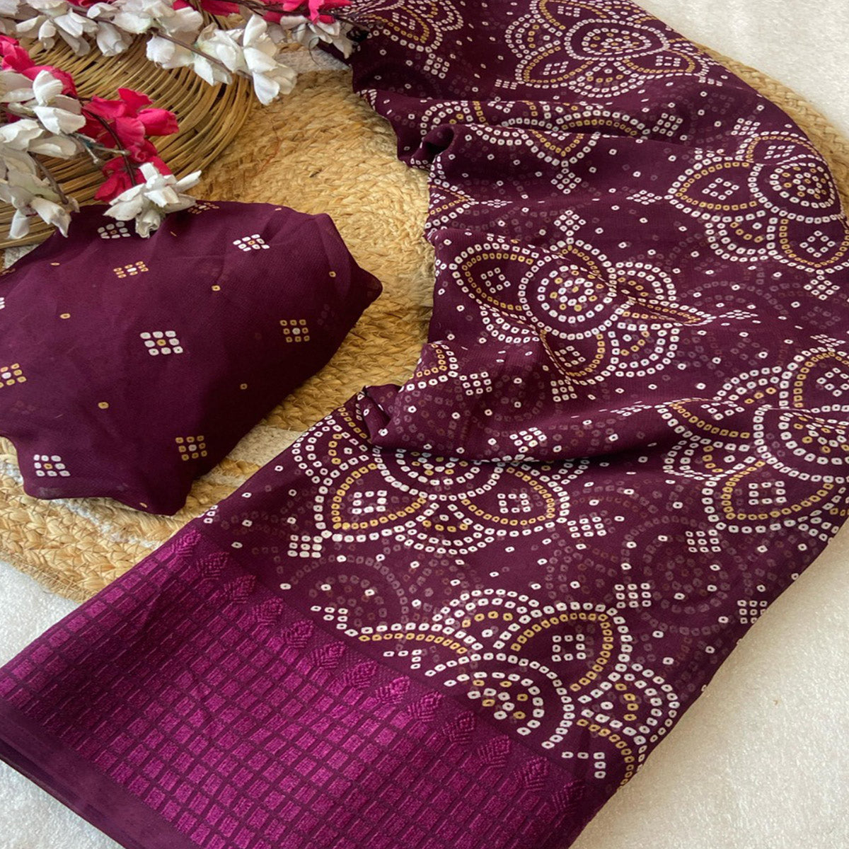 Wine Bandhani Printed Georgette Saree With Viscose Border