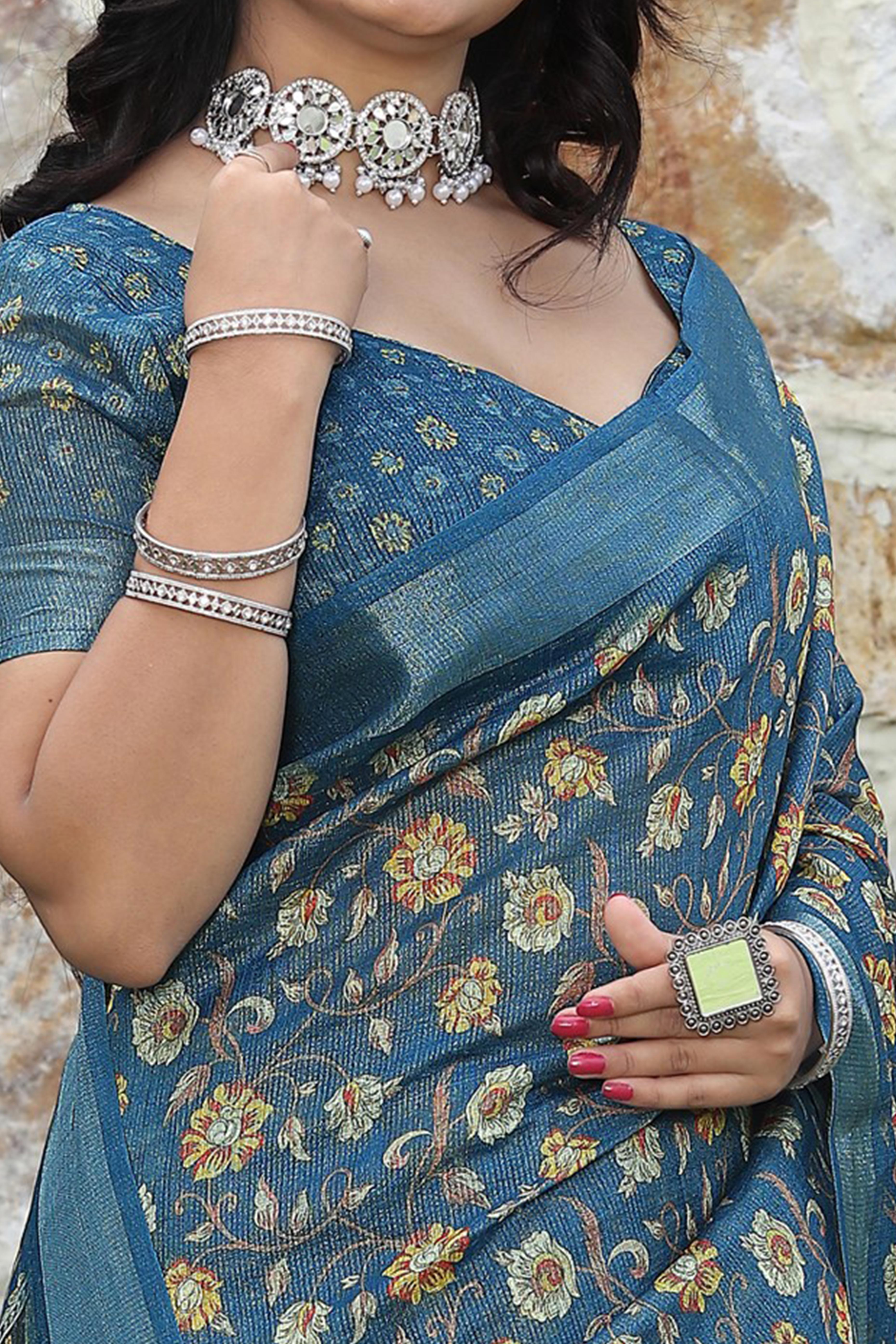 Beautiful Teal Tissue Handloom Saree with Detailed Digital Floral Embellishments