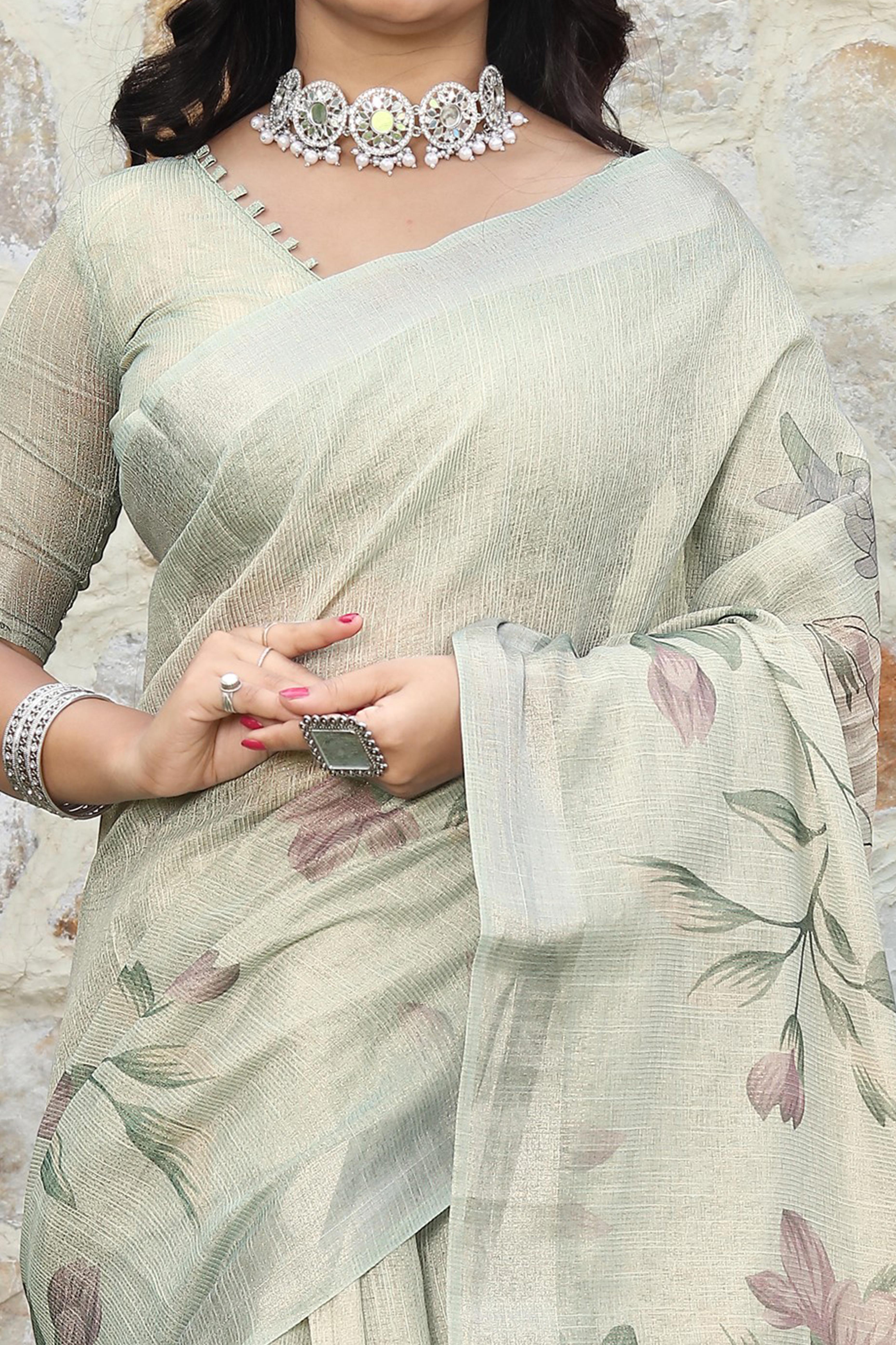 Beautiful Cream Tissue Handloom Saree with Digital Floral Embellishments