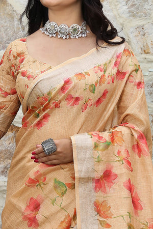 Beautiful Light Peach Tissue Handloom Saree with Digital Floral Embellishments
