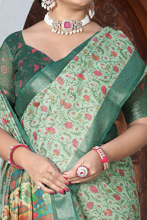 Beautiful Mint Green Tissue Handloom Saree with Digital Floral Embellishments