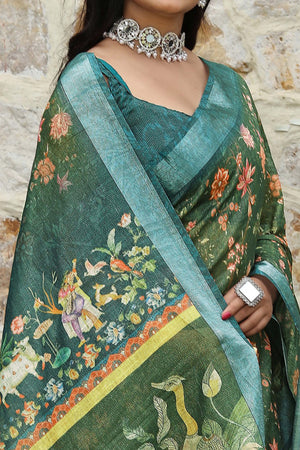 Beautiful GreenTissue Handloom Saree with Detailed Digital Floral Embellishments