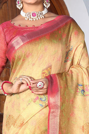 Beautiful Light Cream Tissue Handloom Saree with Detailed Digital Floral Embellishments