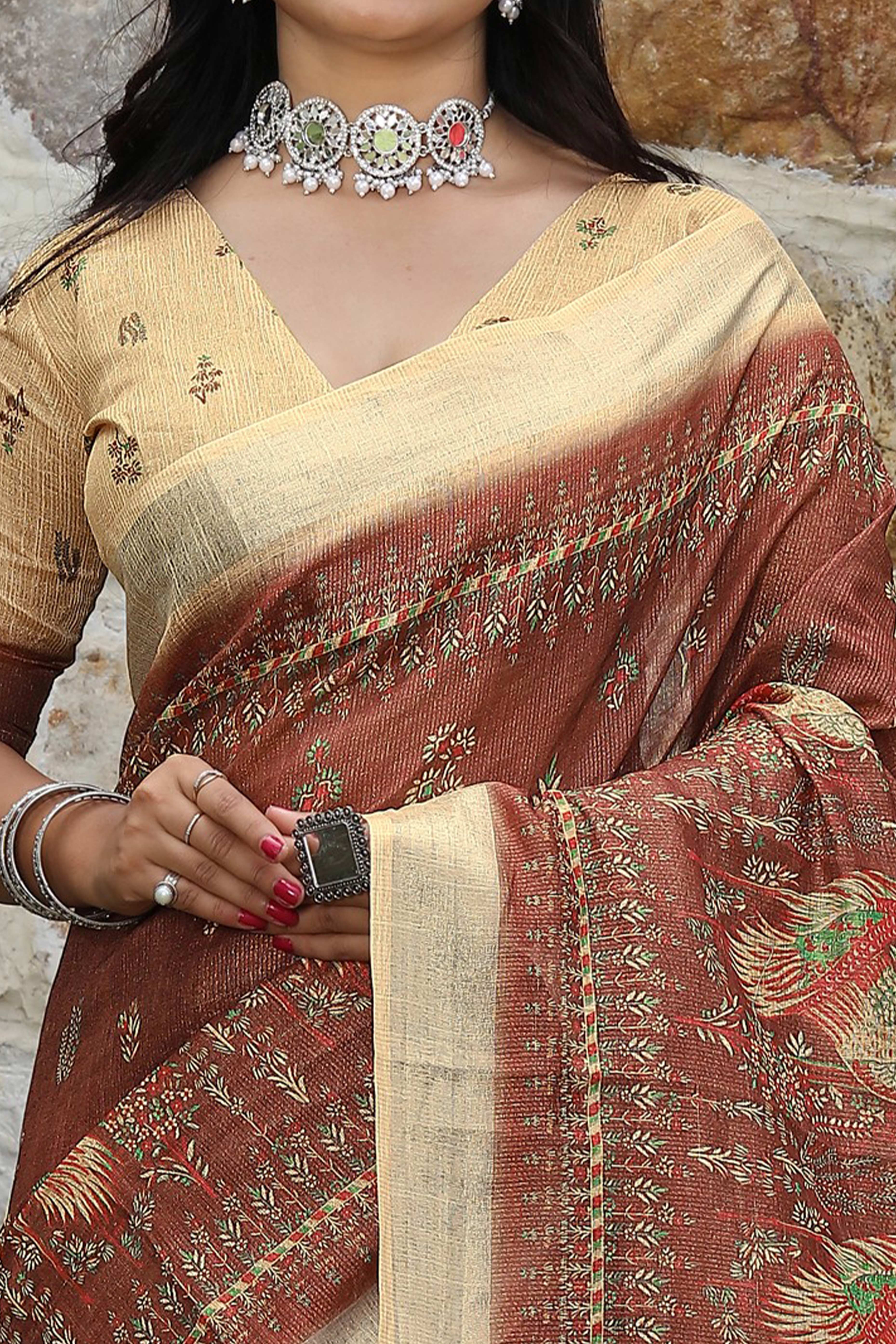 Beautiful Brown Tissue Handloom Saree with Detailed Digital Floral Embellishments