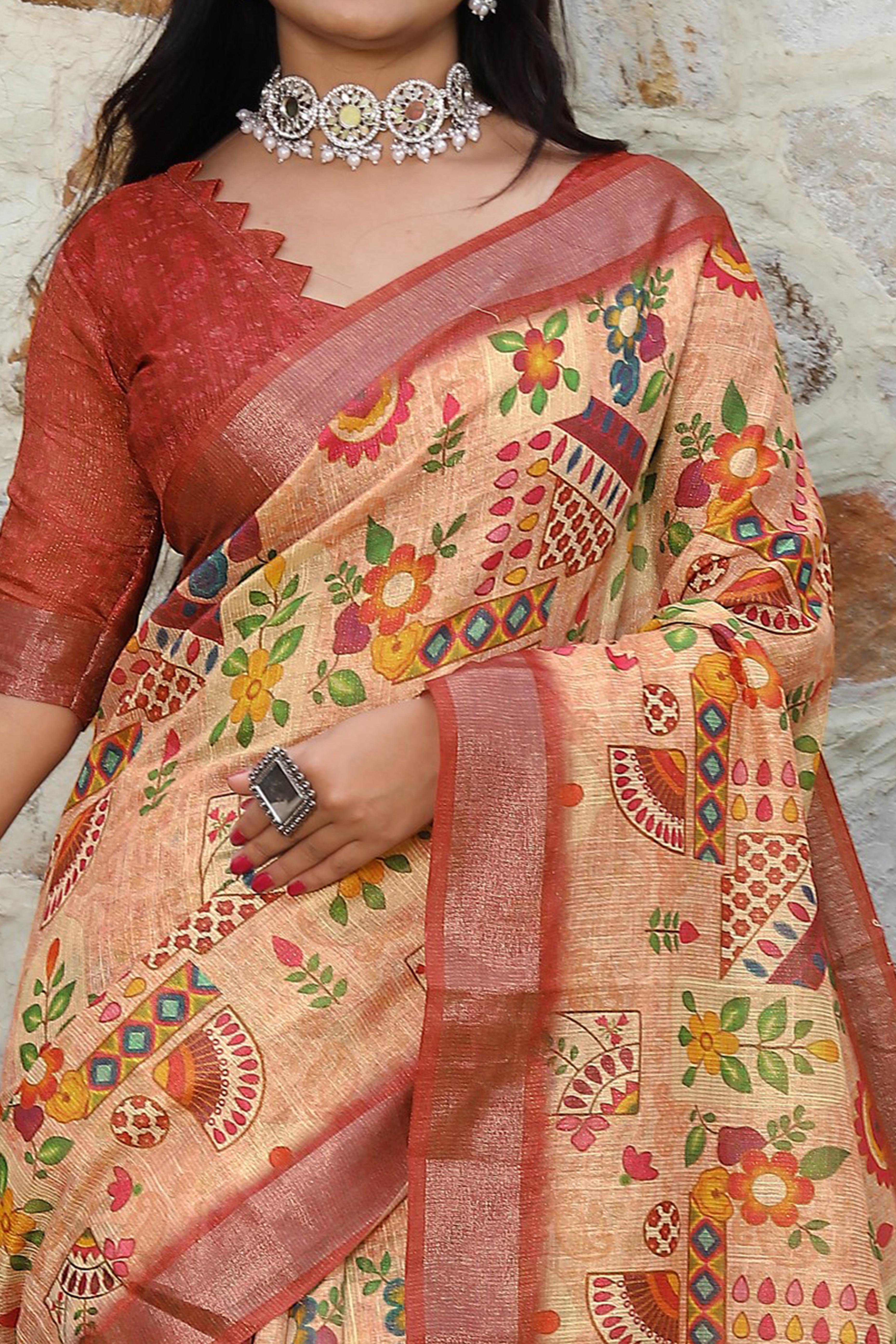Beautiful Peach Tissue Handloom Saree with Detailed Digital Floral Embellishments