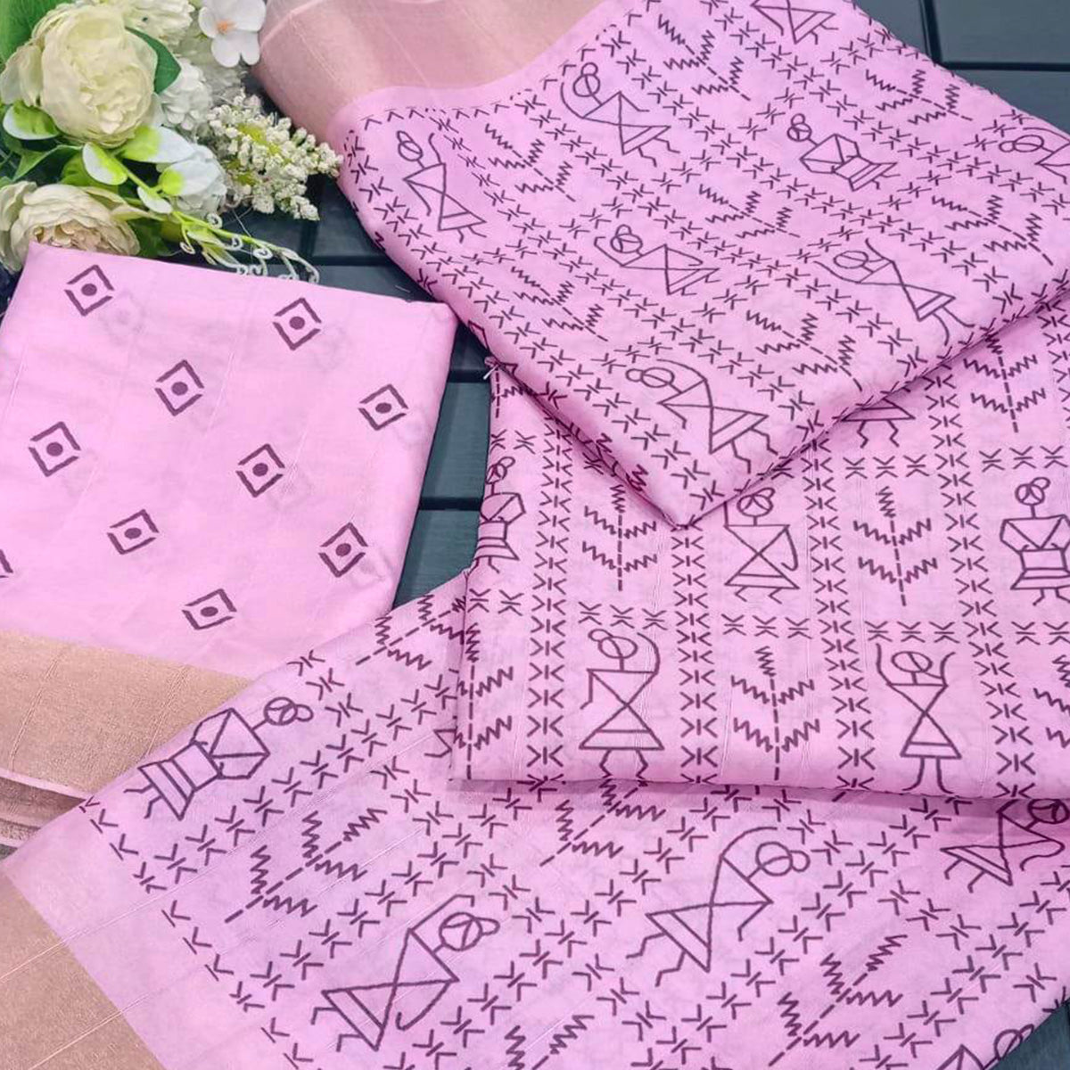 Pink Digital Printed Dola Silk Saree With Jacquard Zari Border