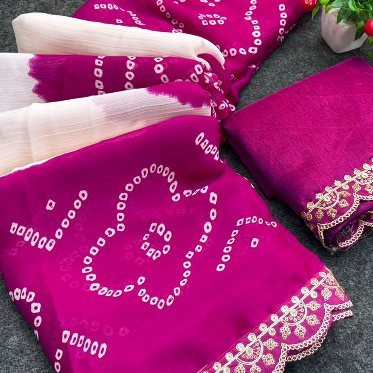 Pink & White Traditional Bandhani Printed Moss Chiffon Saree with Shimmering Sequins Work