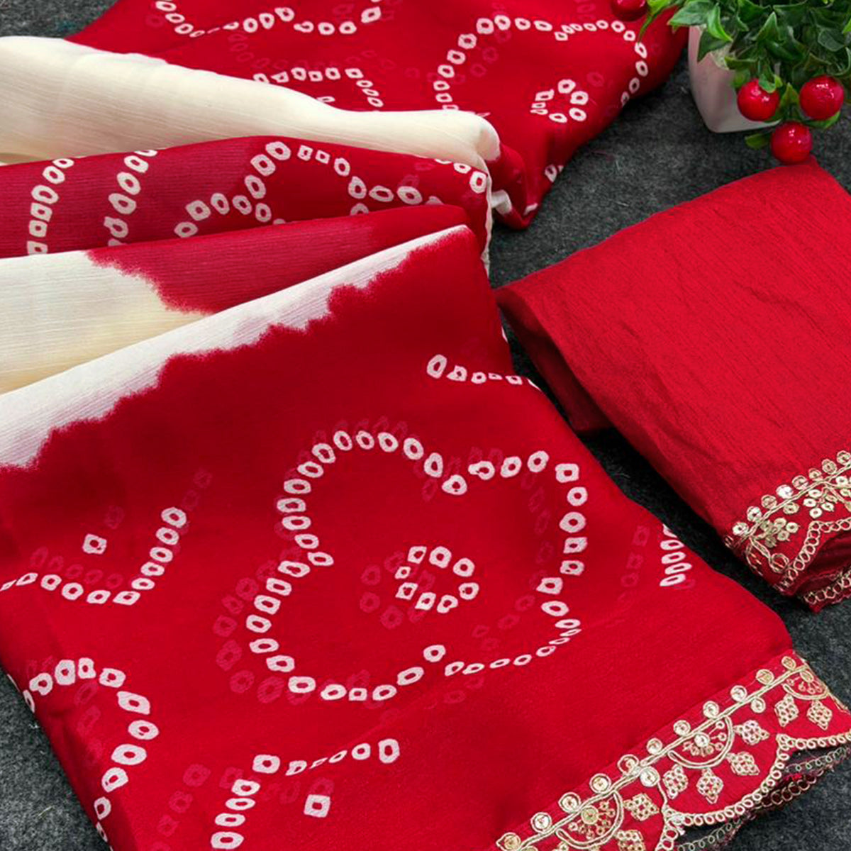 Red & White Traditional Bandhani Printed Moss Chiffon Saree with Shimmering Sequins Work