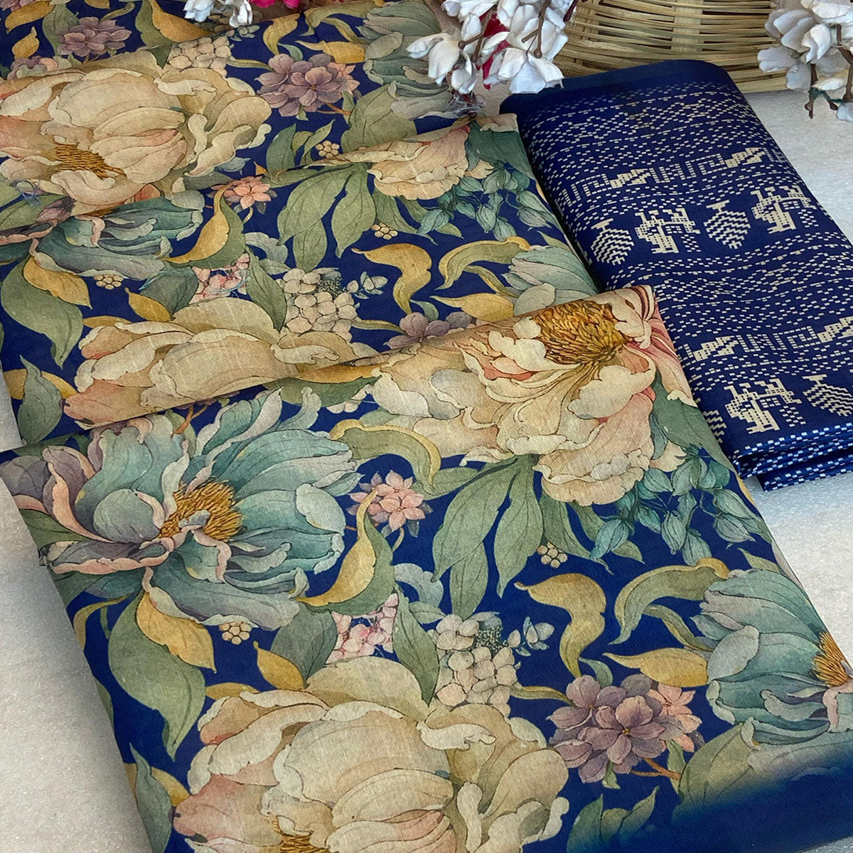 Blue Floral Digital Printed Cotton Handloom Silk Saree