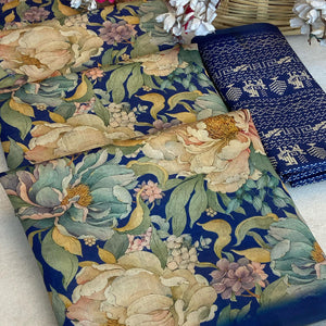 Blue Floral Digital Printed Cotton Handloom Silk Saree