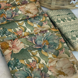 Cream Floral Digital Printed Cotton Handloom Silk Saree