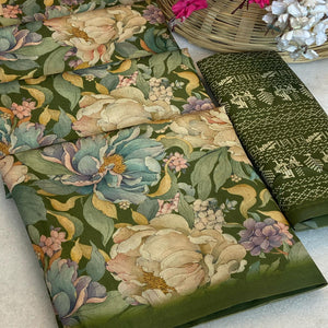 Green Floral Digital Printed Cotton Handloom Silk Saree