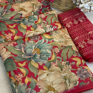 Pink Floral Digital Printed Cotton Handloom Silk Saree