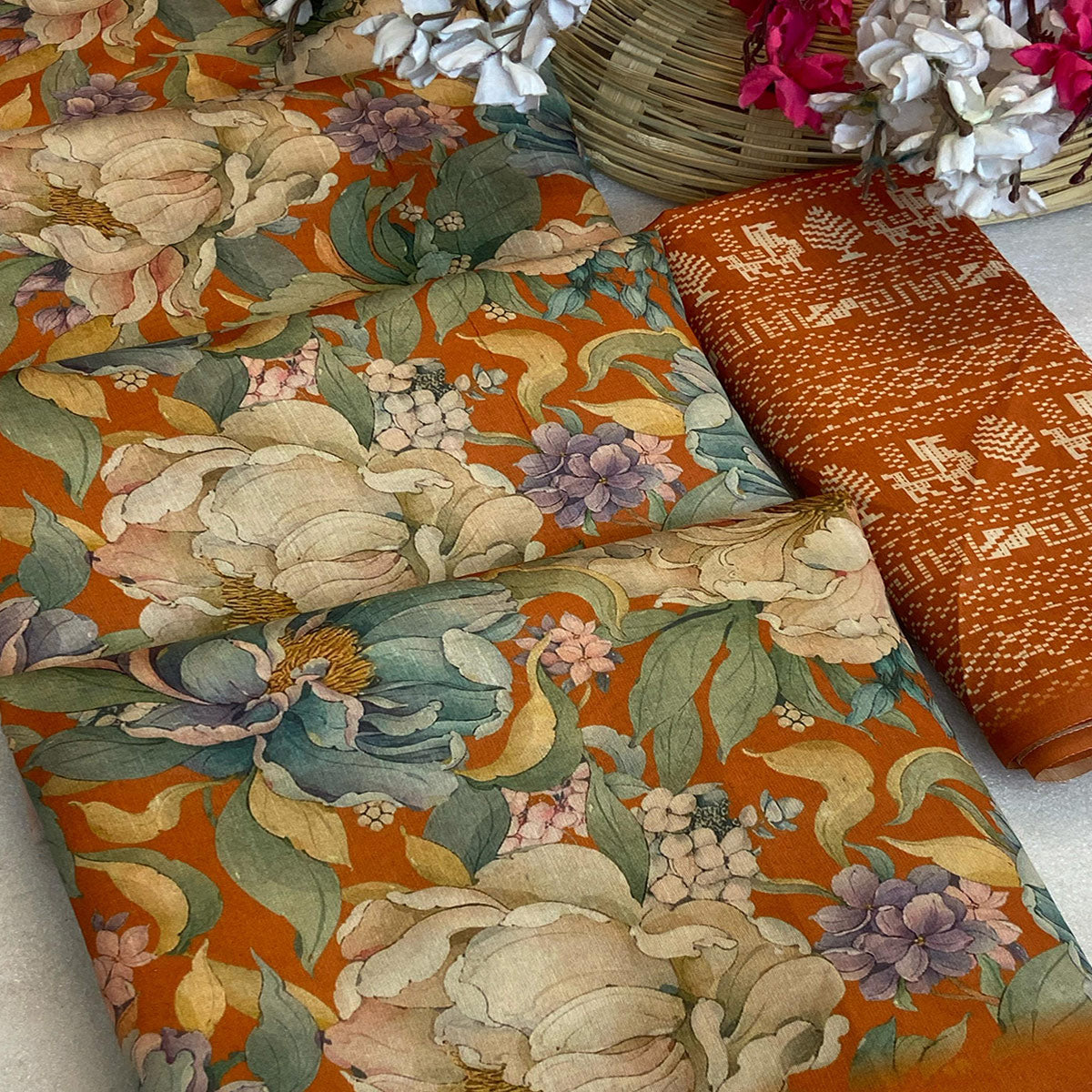 Rust Orange Floral Digital Printed Cotton Handloom Silk Saree