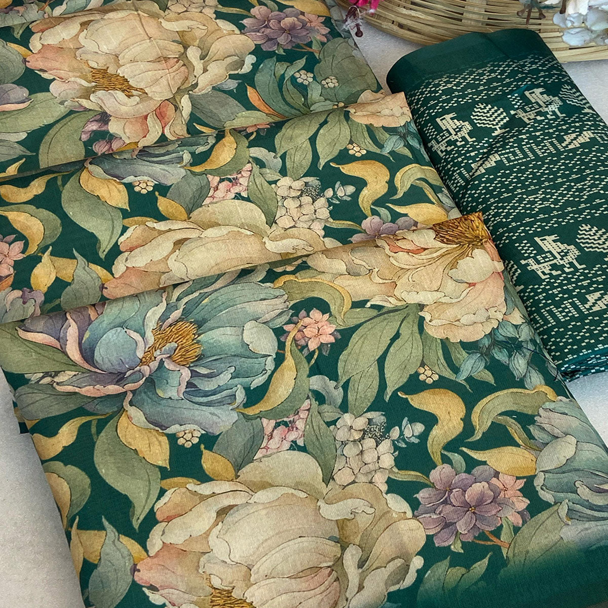 Teal Green Floral Digital Printed Cotton Handloom Silk Saree