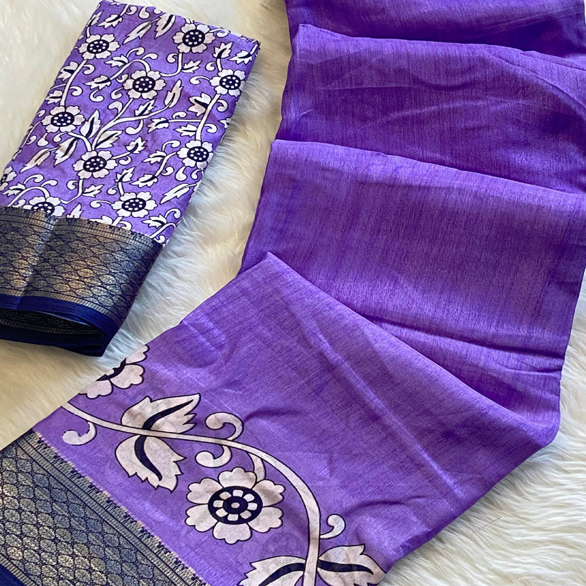 Purple Floral Printed Dola Silk Saree With Zari Border