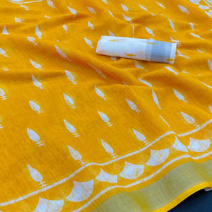 Vibrant Yellow Printed Linen Cotton Saree Featuring Artistic Tassel Detailing