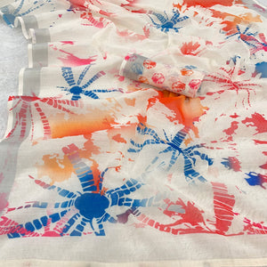 Cream Printed Linen Cotton Saree With Delicate Tassel Detailing