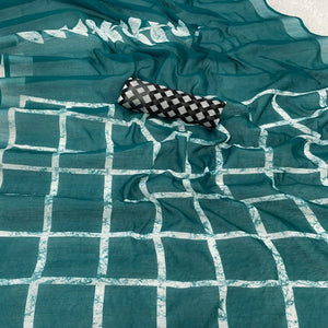 Teal Printed Linen Cotton Saree With Delicate Tassel Detailing