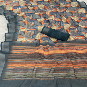 Multicolor Printed Linen Cotton Saree With Delicate Tassel Detailing