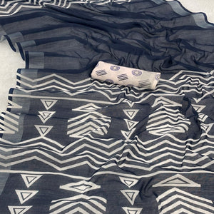 Blue Printed Linen Cotton Saree With Delicate Tassel Detailing