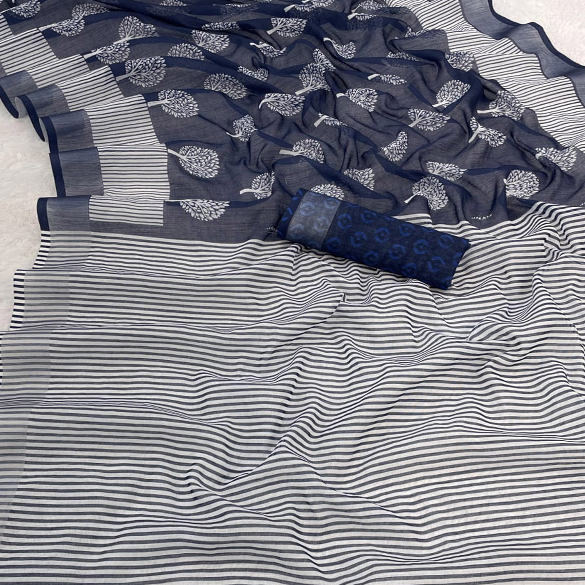 Blue Printed Linen Cotton Saree With Delicate Tassel Detailing