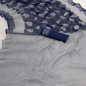 Blue Printed Linen Cotton Saree With Delicate Tassel Detailing