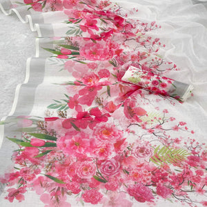 White Floral Printed Linen Cotton Saree With Delicate Tassel Detailing