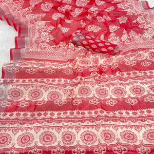 Red Floral Printed Linen Cotton Saree With Delicate Tassel Detailing