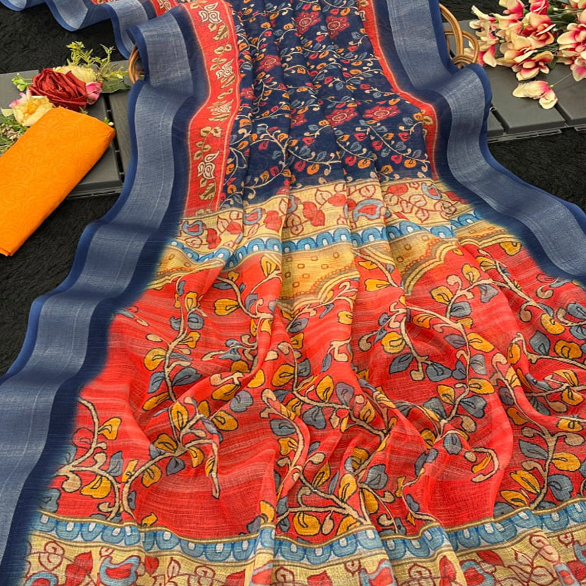 Blue Floral Printed Linen Cotton Saree With Delicate Tassel Detailing