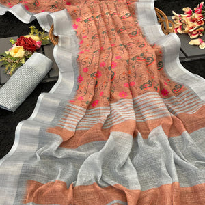 Dusty Peach Floral Printed Linen Cotton Saree With Delicate Tassel Detailing