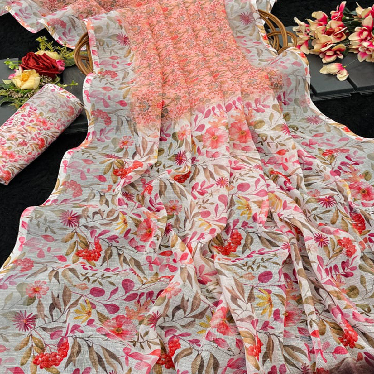 Peach Floral Printed Linen Cotton Saree With Delicate Tassel Detailing