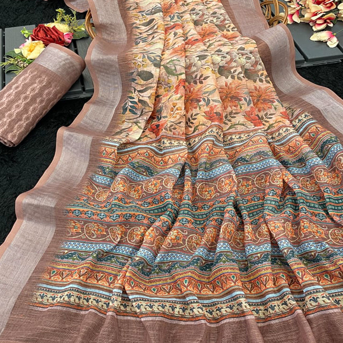 Light Taupe Floral Printed Linen Cotton Saree With Delicate Tassel Detailing