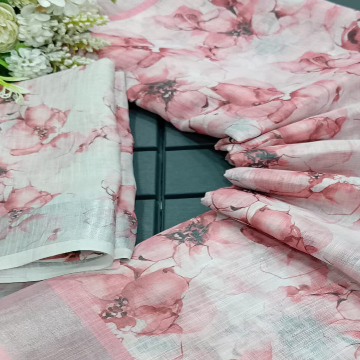 Peach Floral Digital Printed Linen Saree