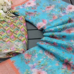Sky Blue Floral Digital Printed Linen Saree